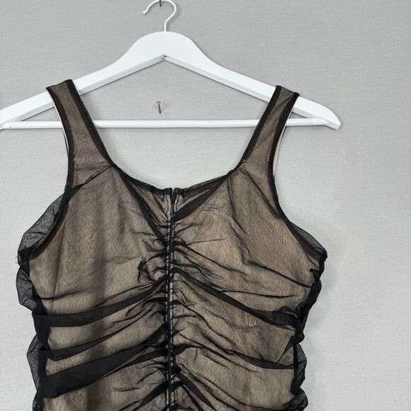 Lulus Womens Dress M Black V.I.P. Treatment Mesh Ruched Bodycon Midi Dark Y2K - Picture 10 of 13